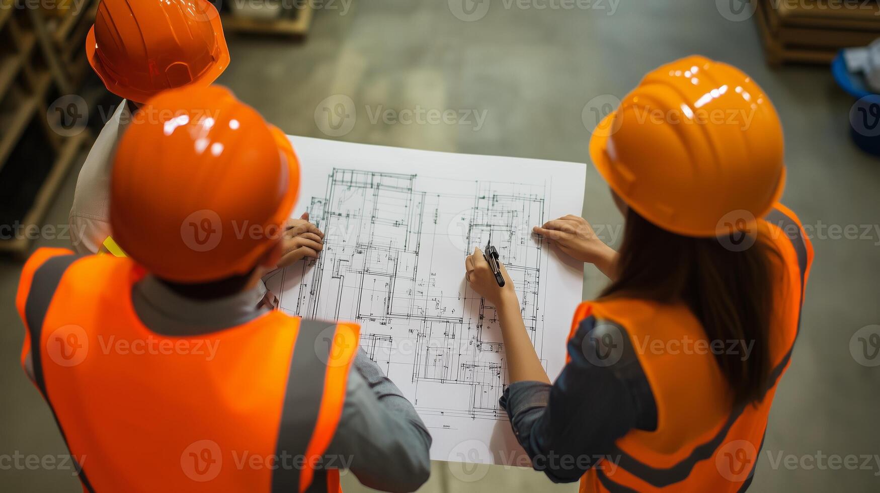 Construction team reviewing blueprints in a warehouse setting during daylight hours photo