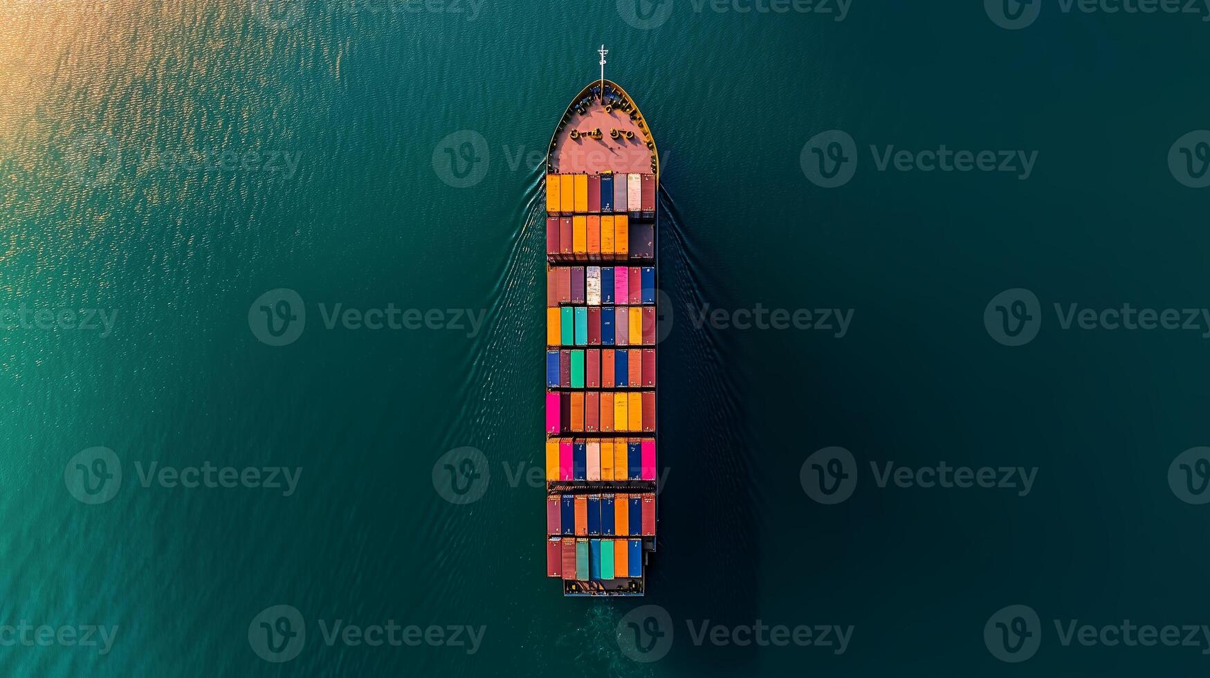 Aerial view of a colorful cargo ship navigating through calm waters during golden hour photo