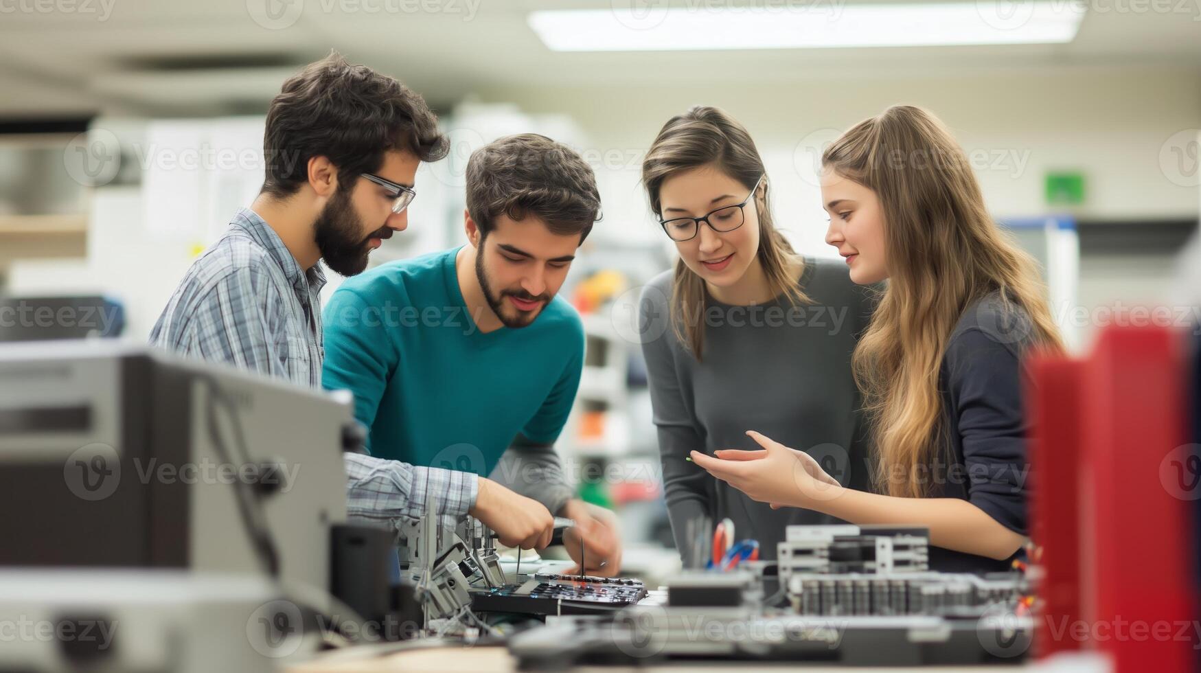 Group of four young adults collaborating on a technology project in a bright modern workspace photo