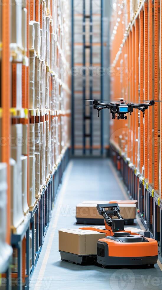 Robotic drone and automated carts working in a modern warehouse during daylight hours photo