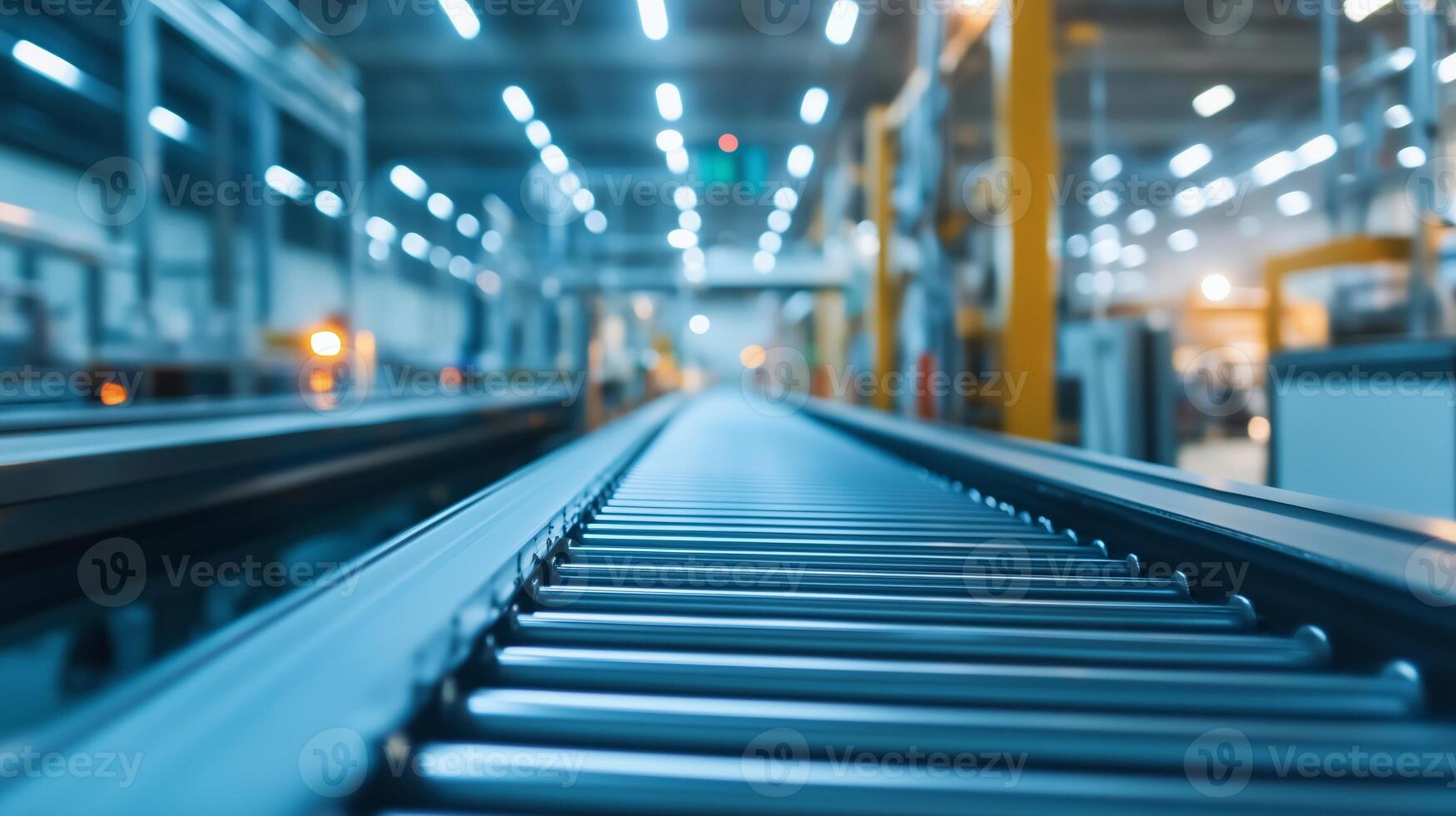 Conveyor belt extends through a modern automated warehouse during evening hours showcasing industrial efficiency photo