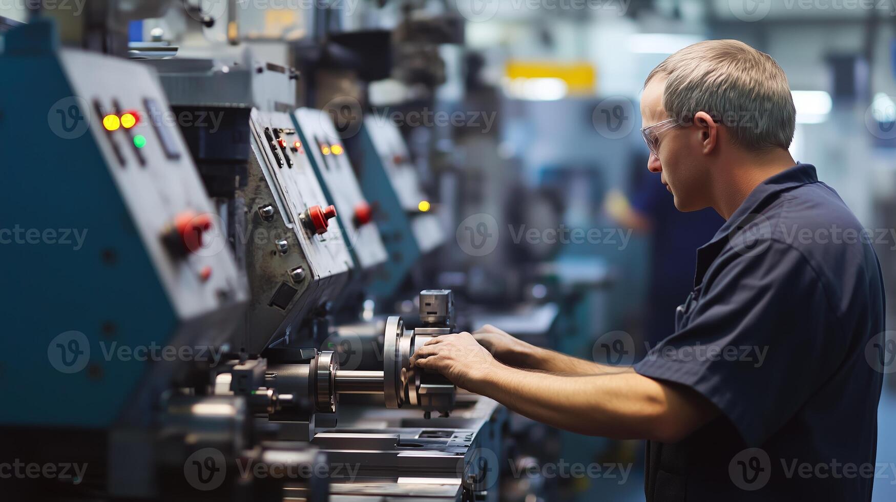 A technician operates machinery in a manufacturing facility during working hours, focusing on precision engineering tasks photo