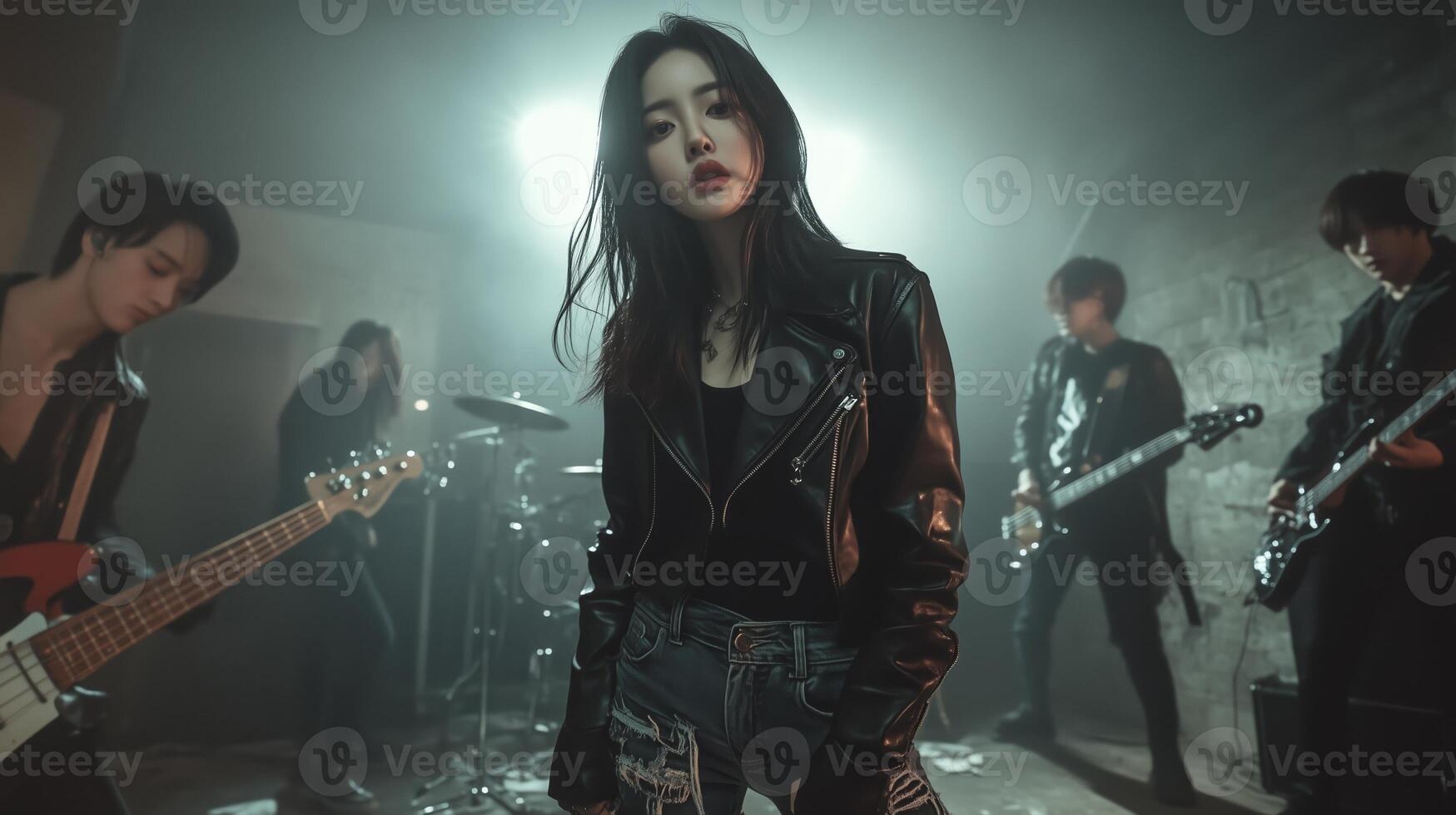 A rock band performs passionately on stage in a dimly lit venue, highlighting the energy of live music in the night photo