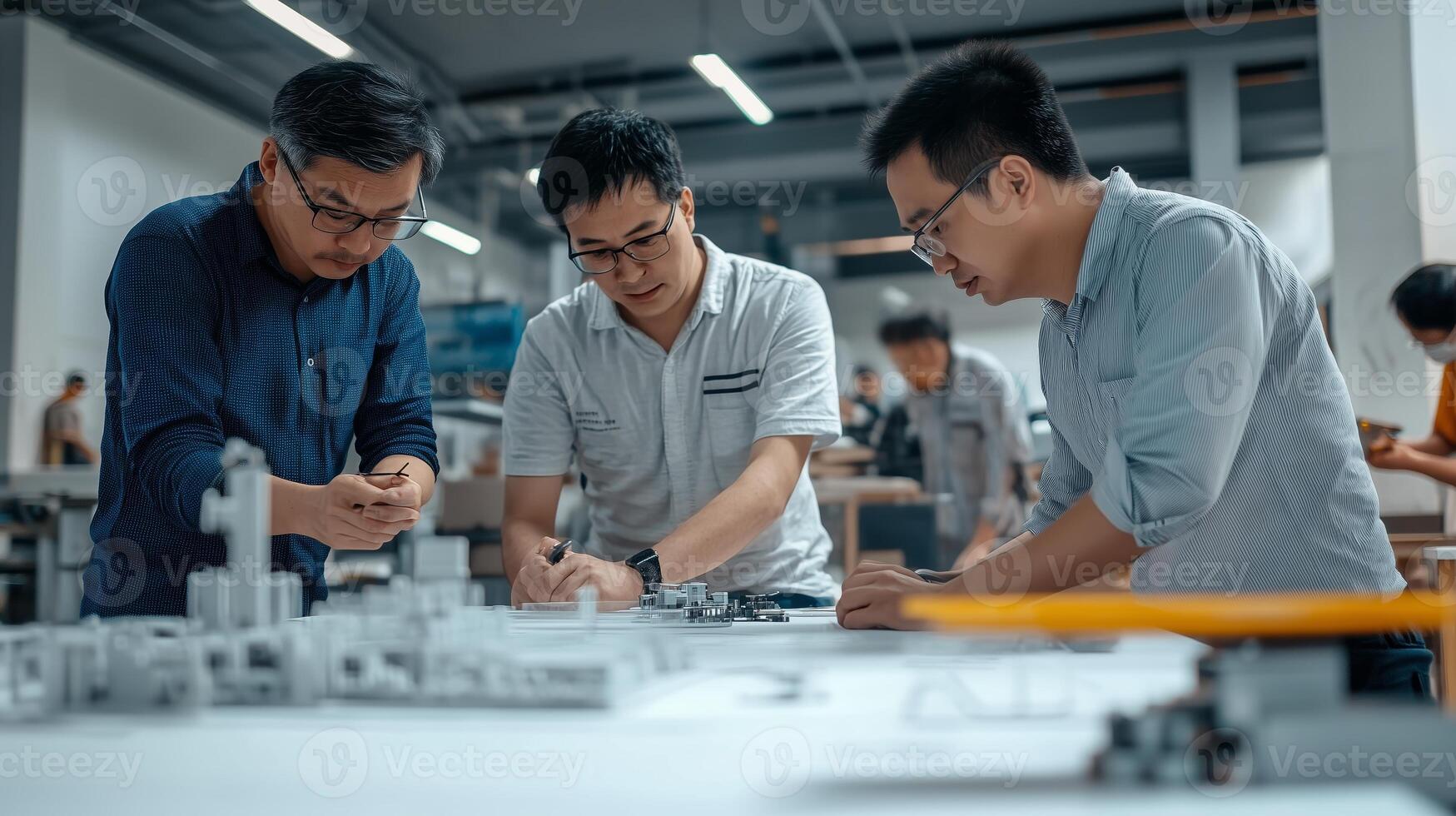 Team of engineers collaborating on a project in a modern workshop while discussing design plans and working on prototypes photo