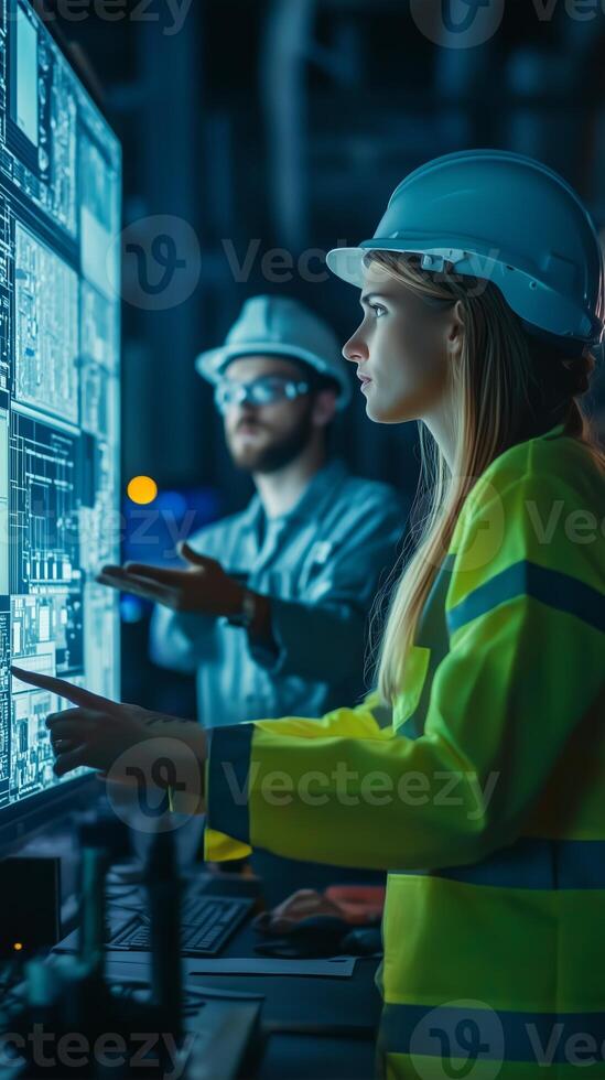 Engineers collaborating at a control room, analyzing data on large screens during nighttime operations photo
