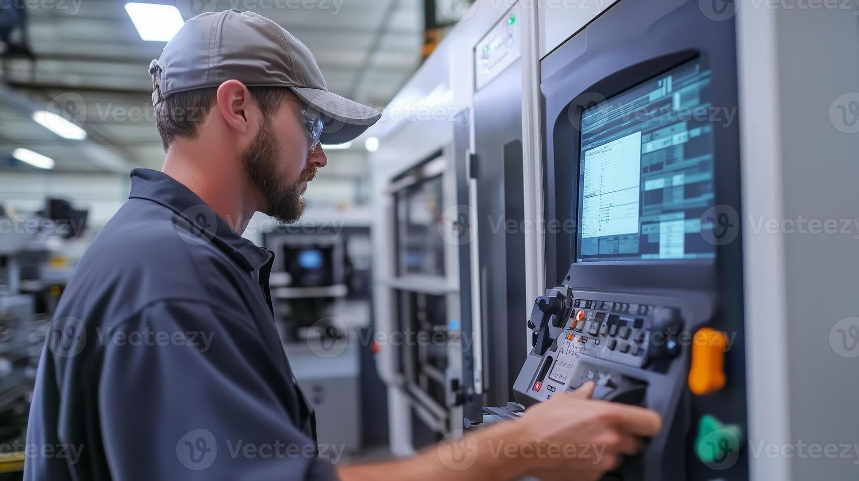 A technician operating advanced machinery in a manufacturing facility during a busy work shift photo