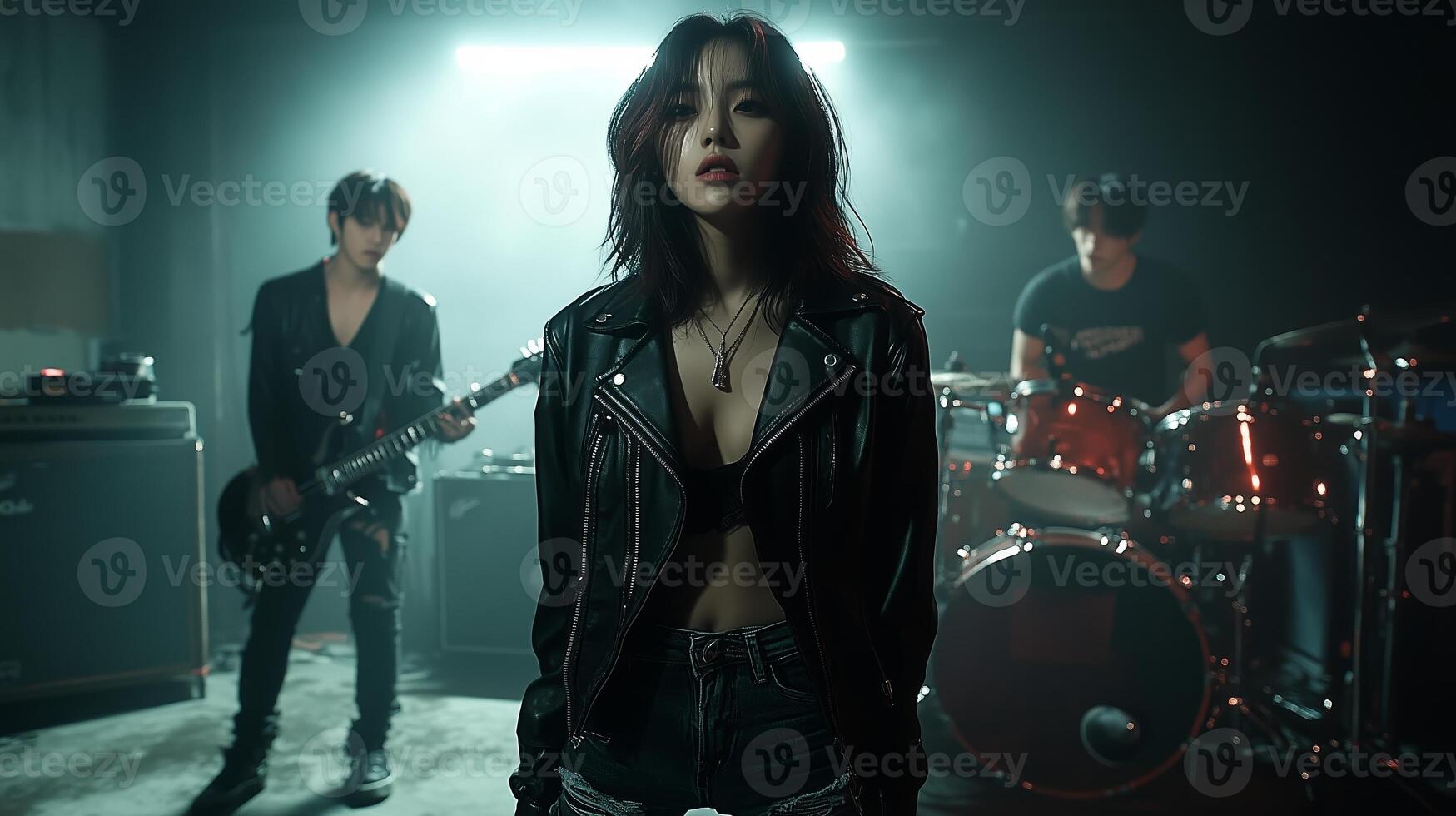 Rock band performing on stage with a powerful female vocalist in leather attire during a live concert at night photo