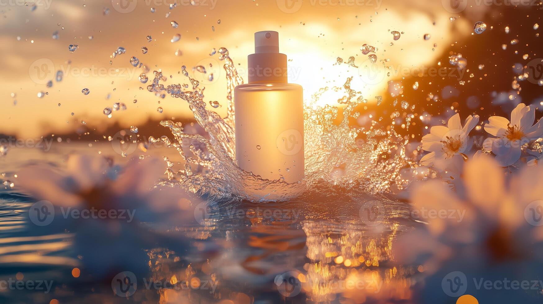 A glowing skincare bottle splashes in water amidst flowers against a stunning sunset backdrop near the coast photo