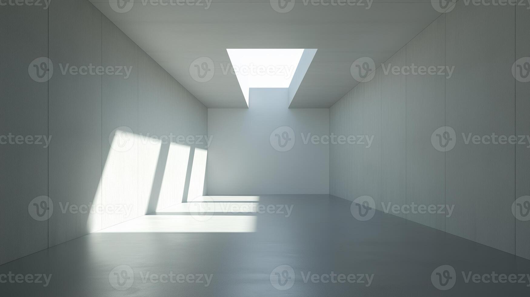 Bright, minimalistic interior with natural light streaming through skylight during daytime photo