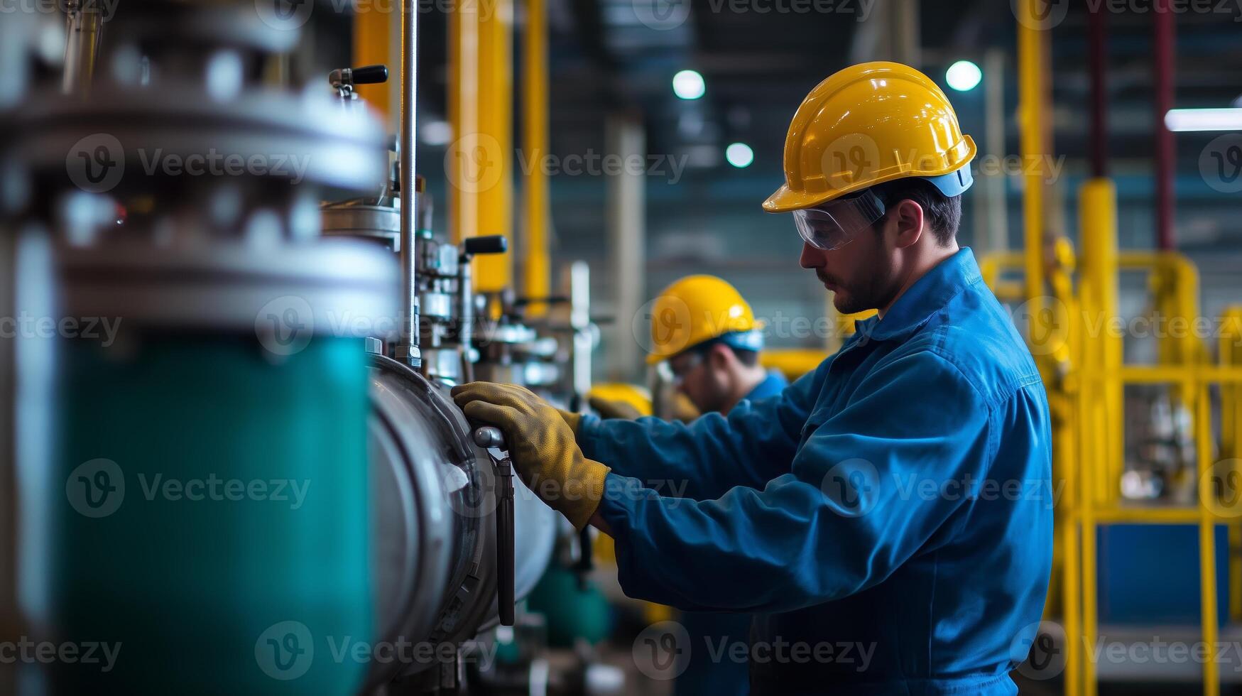 Skilled workers operate machinery in a modern industrial facility during a busy working day photo