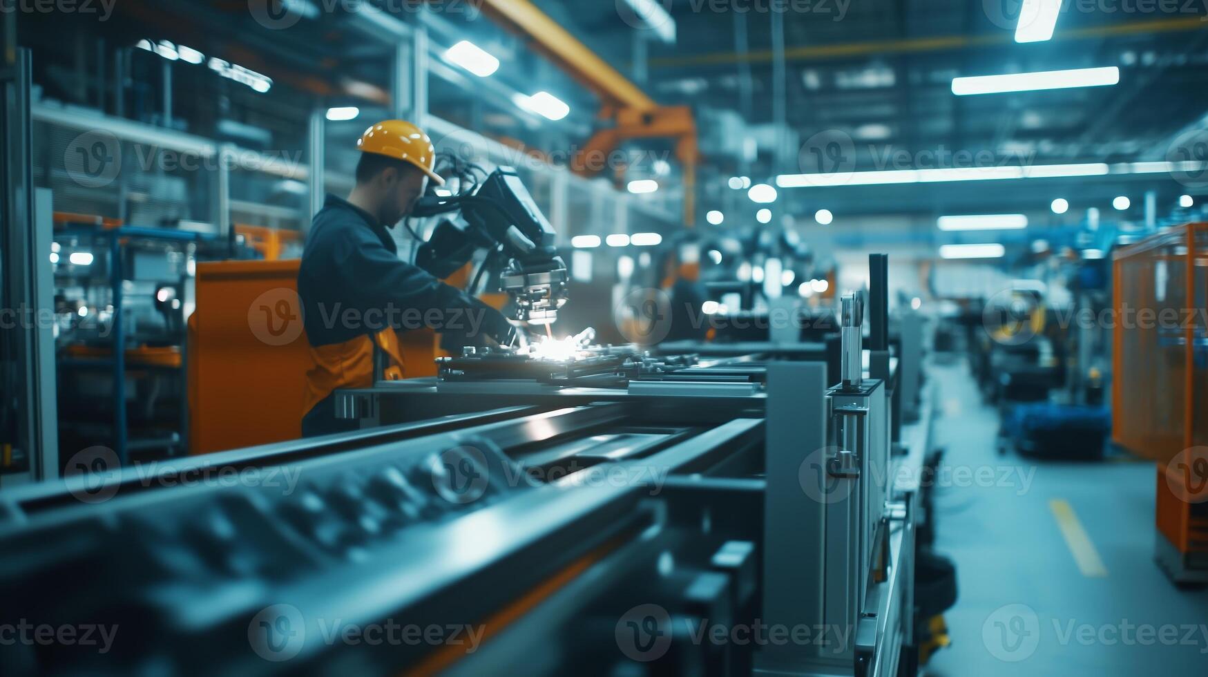 A factory worker operating advanced machinery in a warehouse during daylight hours focusing on precision manufacturing tasks photo