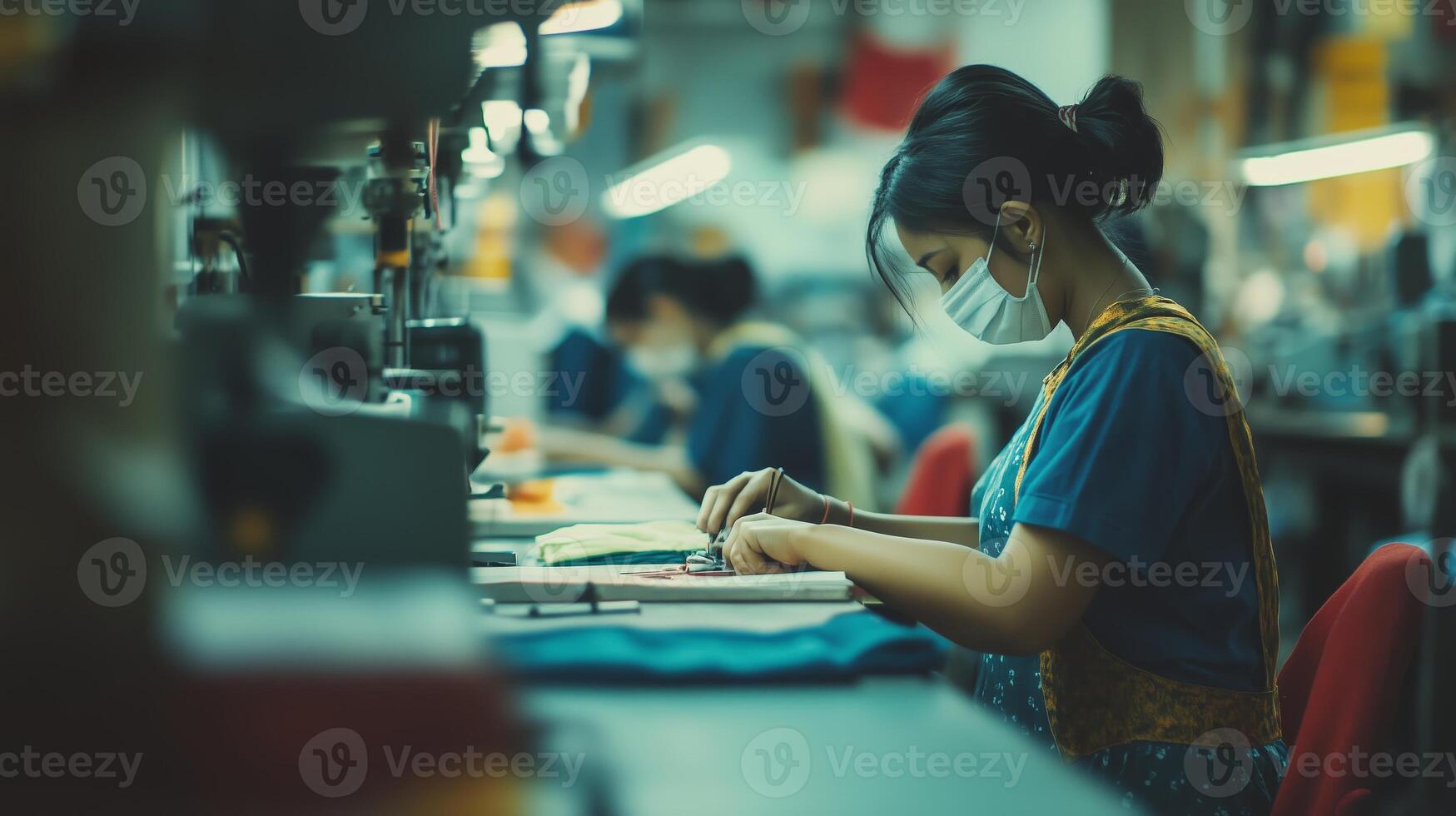A woman sewing garments in a textile factory during daytime while wearing a mask for safety and health precautions photo