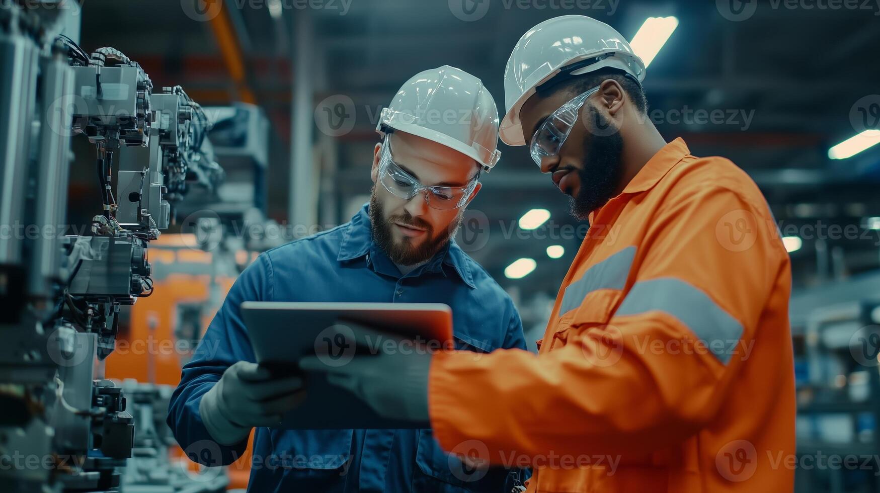 Workers collaborating on a tablet while inspecting industrial machinery in a manufacturing facility during daytime operations photo