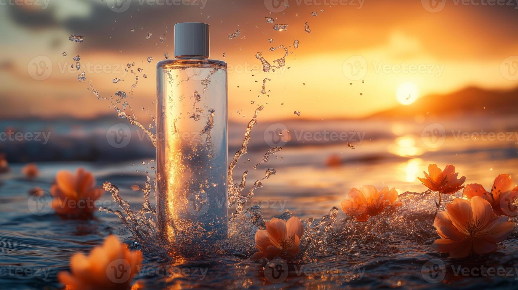 A clear bottle amidst splashing water and blooming flowers at sunset by the ocean shore photo