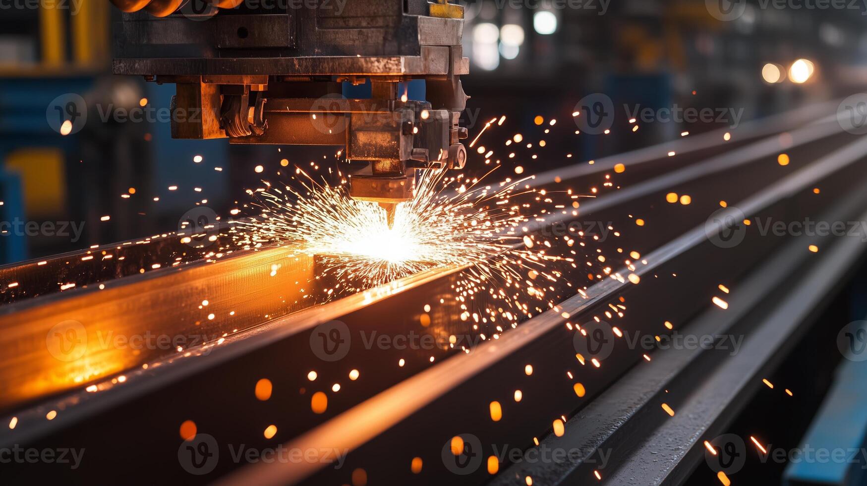 Industrial laser cutting machine generating sparks while shaping metal at a manufacturing facility during daytime photo