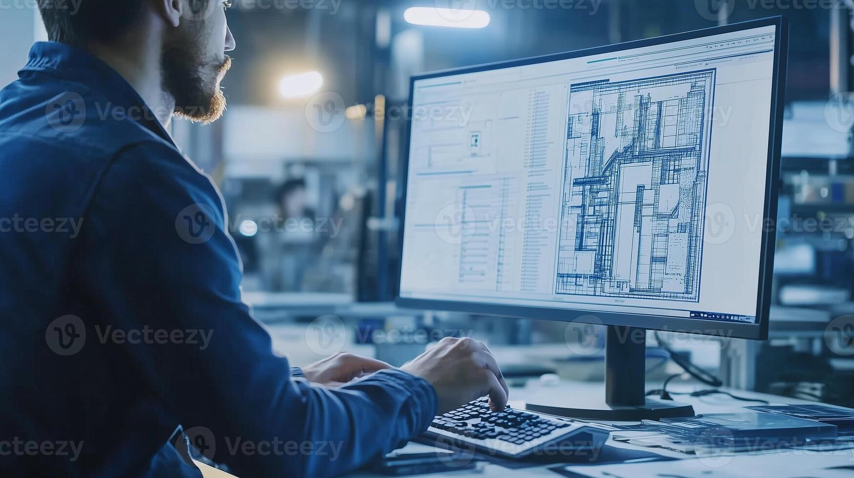 A designer working on architectural blueprints in a modern office environment during the day photo