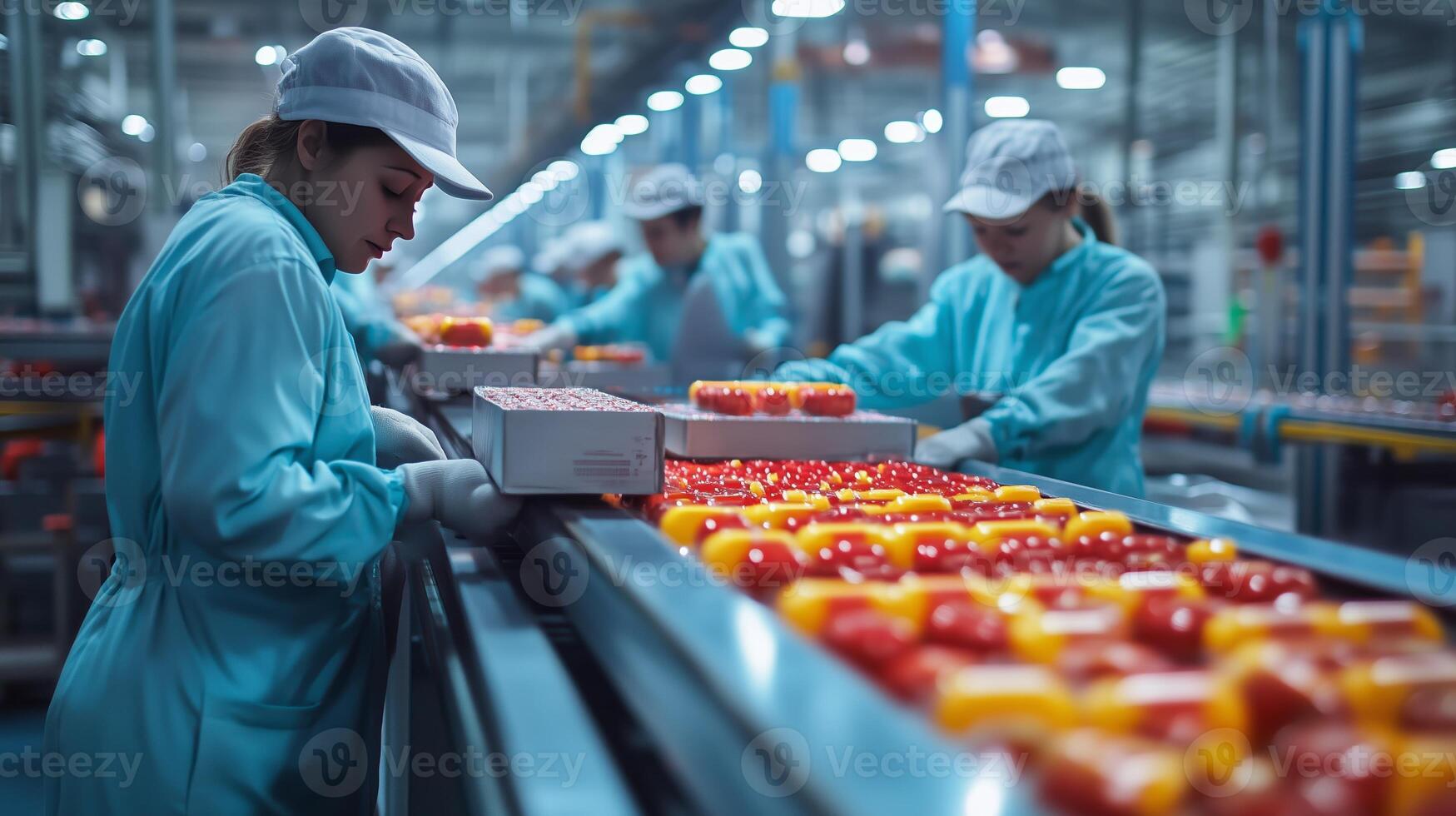 Workers inspect and package fresh tomatoes in a modern food processing facility during daytime operations photo