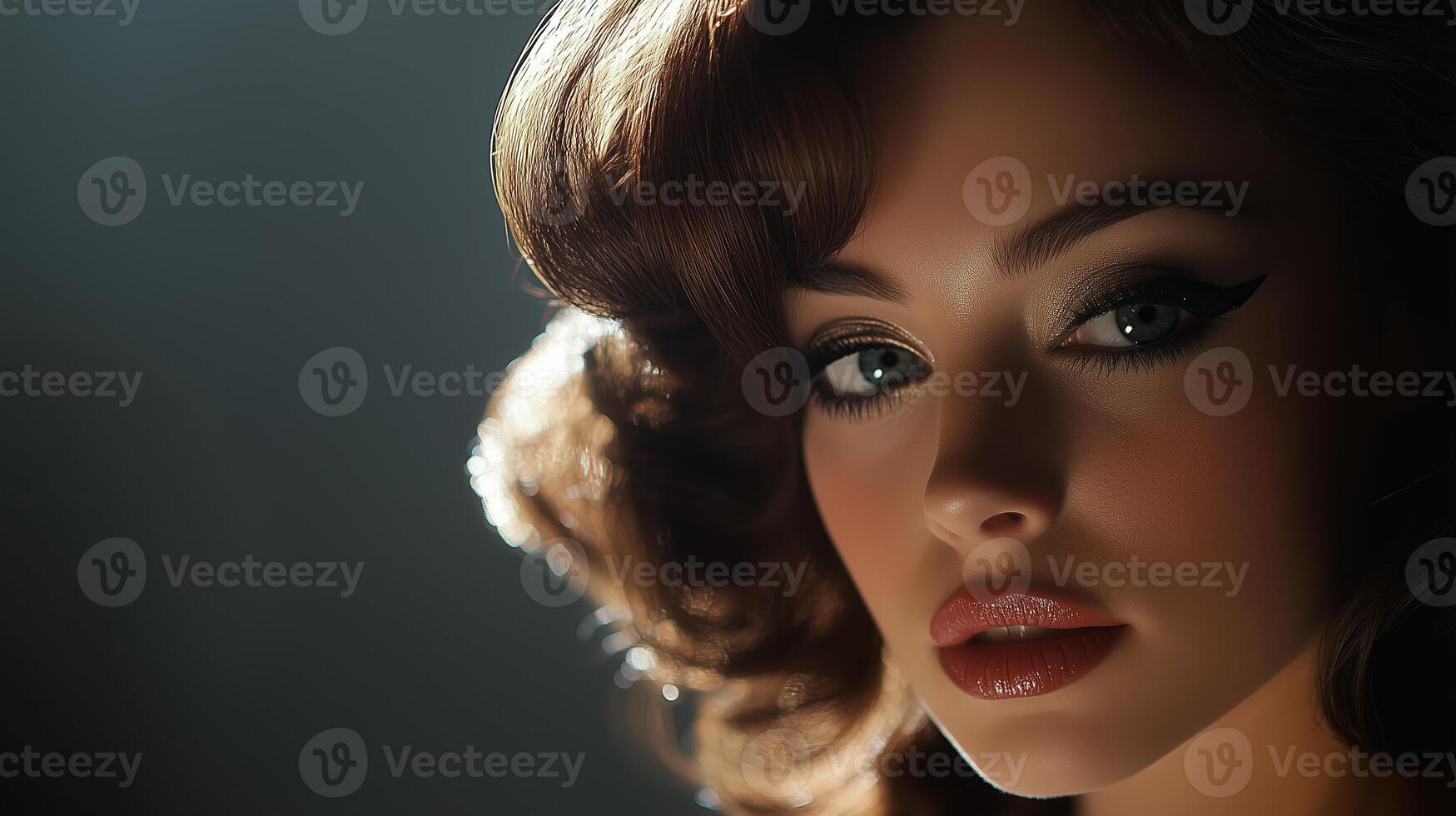 A woman with striking makeup poses elegantly in soft light, creating a captivating and glamorous atmosphere during a photo shoot