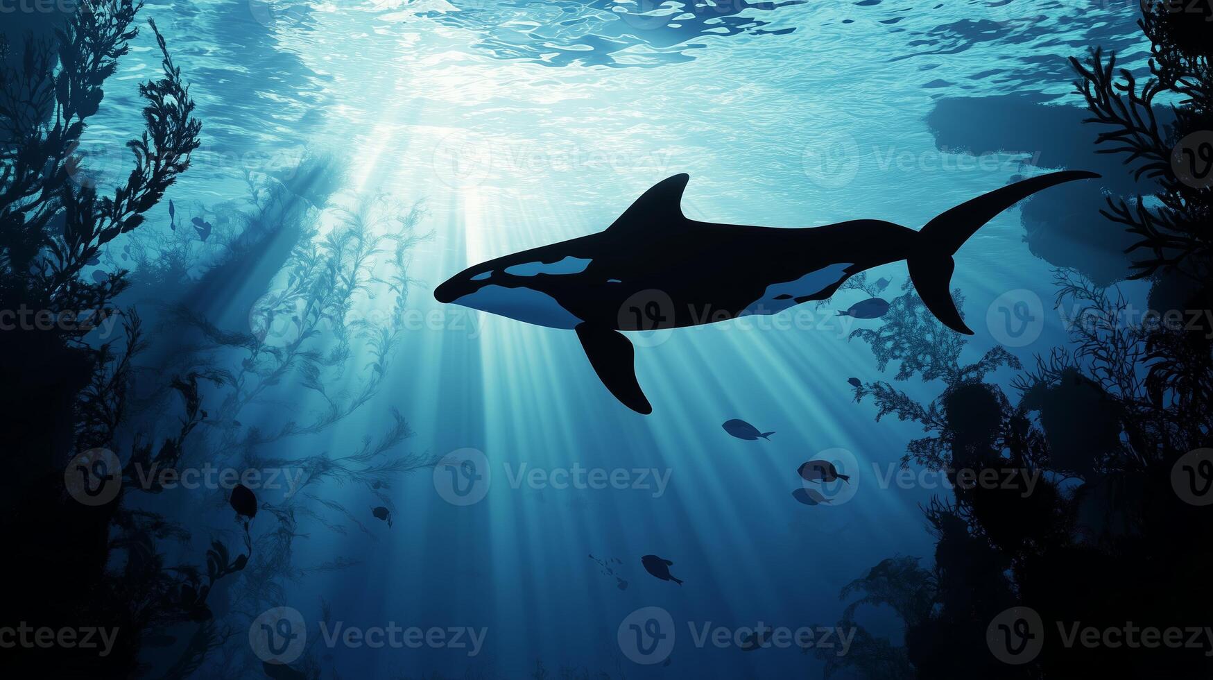 Orca swimming gracefully beneath sunlit ocean surface in a vibrant underwater environment photo