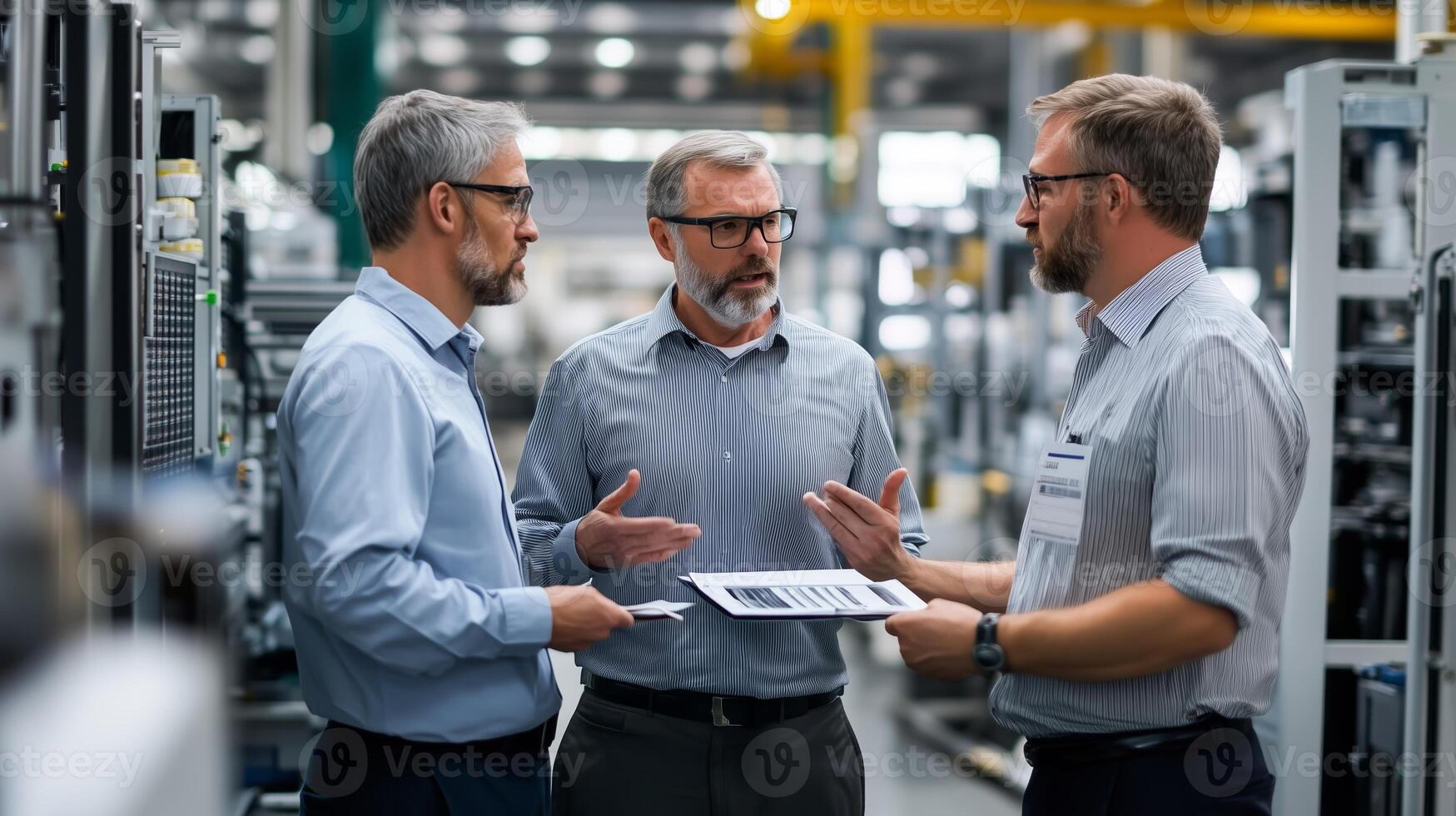 Experts discuss strategies in a modern manufacturing facility during a collaborative meeting in the afternoon photo