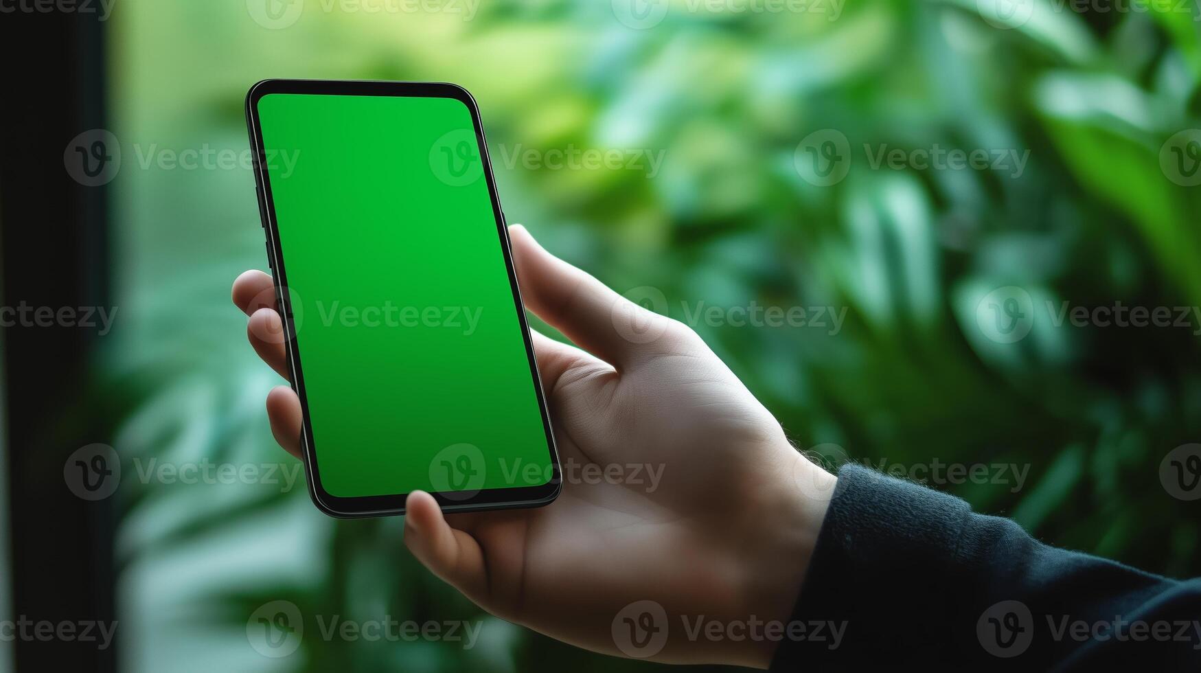 A person holds a smartphone with a blank green screen in a lush indoor garden during daylight, showcasing modern technology in nature photo