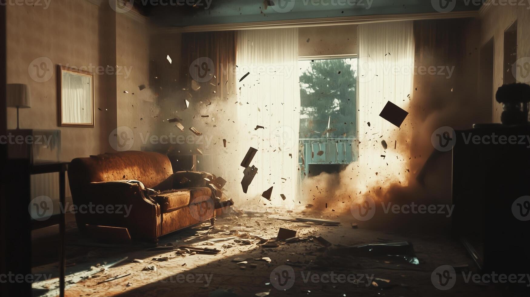 Explosion in a living room with debris flying around during daylight near a window photo