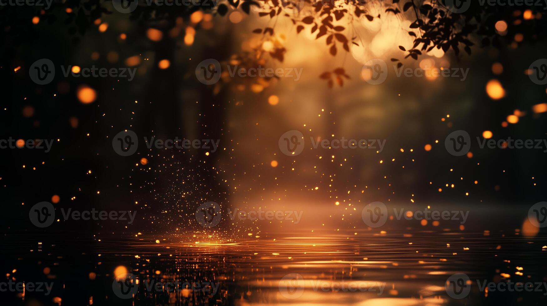 Golden light refracts through trees over tranquil water at dusk, creating a magical, serene atmosphere in the peaceful landscape photo
