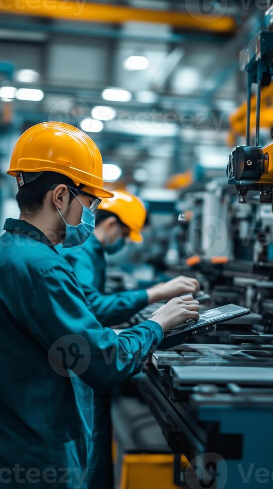 Workers in protective gear assembling electronics in a busy factory during the day photo
