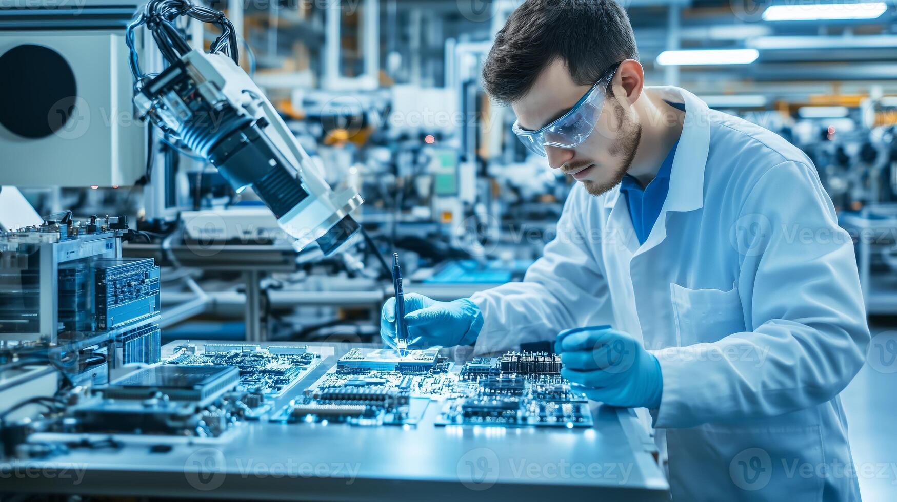Technician working meticulously on circuit boards in a modern electronics manufacturing facility during daylight hours photo