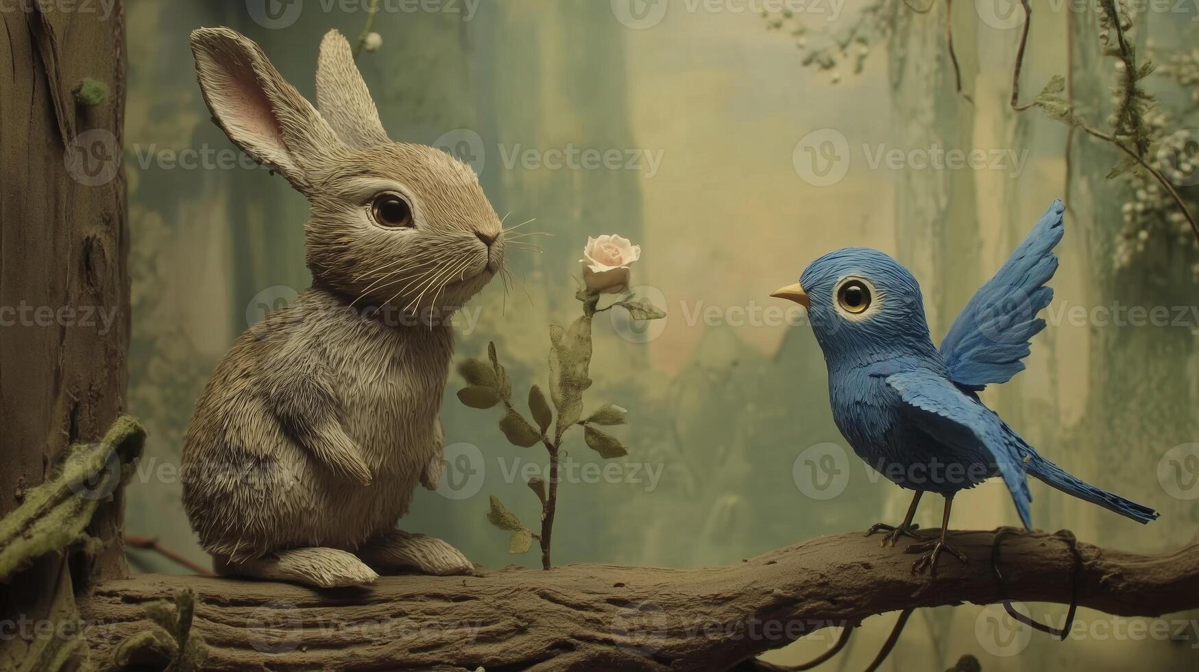 A blue bird and a rabbit interact in a whimsical forest setting during a serene afternoon photo