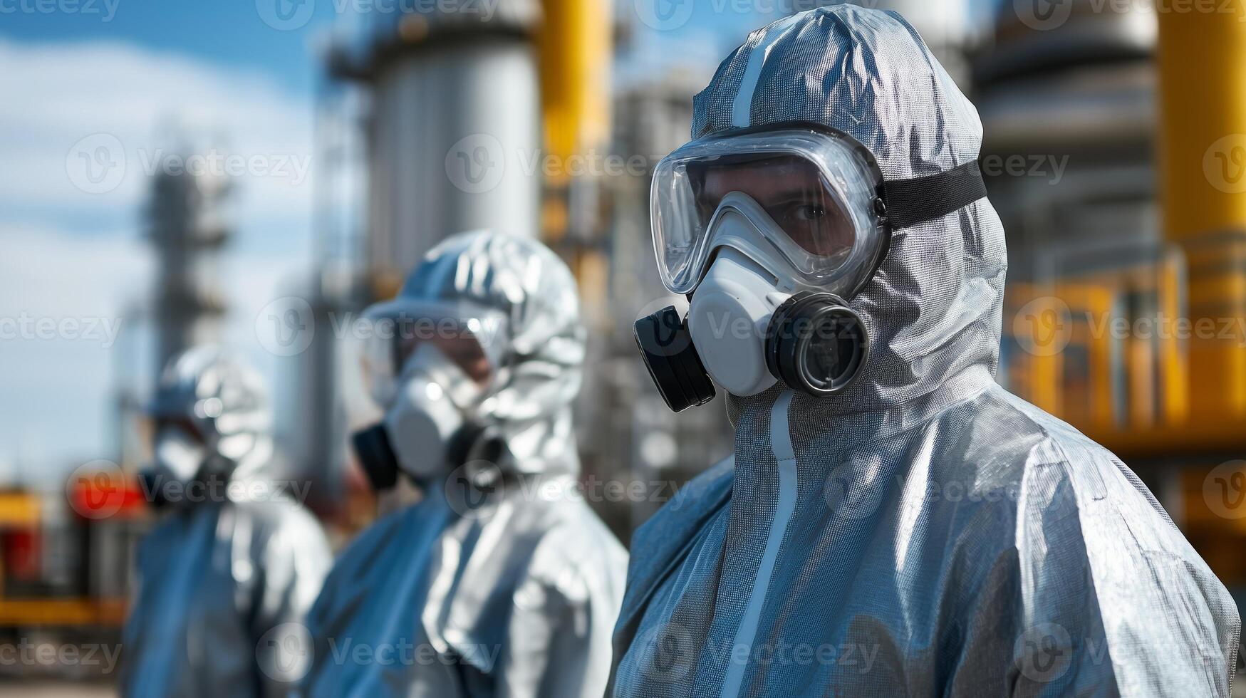 Safety precautions for workers in protective suits at an industrial facility during daylight hours photo