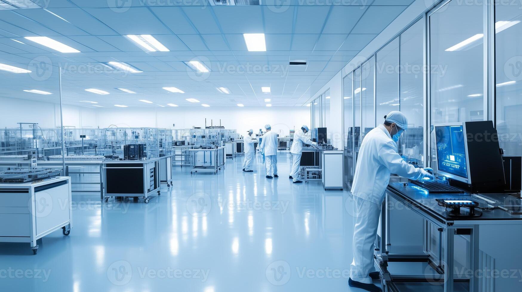 Laboratory technicians in cleanroom attire working on advanced technology in a modern research facility photo