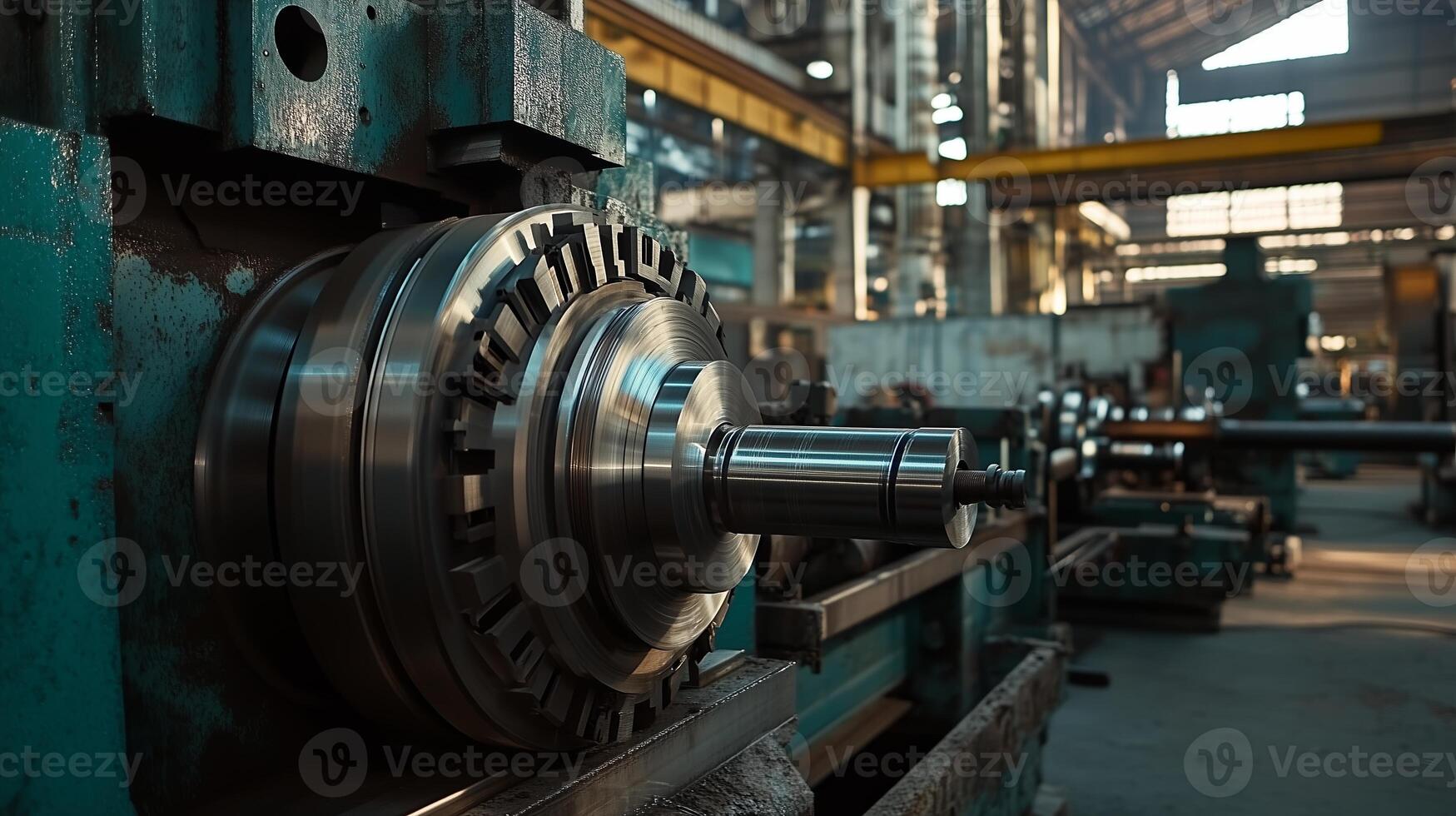 Industrial machinery in a large factory setting with shafts and gears being processed during daylight hours photo