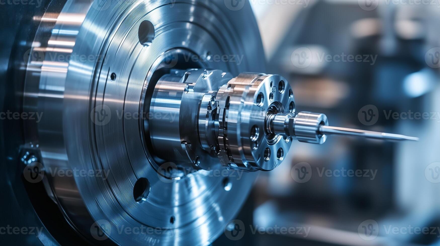 Precision machining process in a high-tech factory showcasing intricate metal components and tools used for manufacturing photo