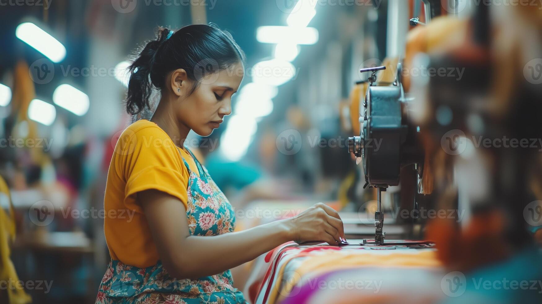 A young woman sewing fabric in a brightly lit textile workshop during daytime, showcasing her craftsmanship and focus on the task photo