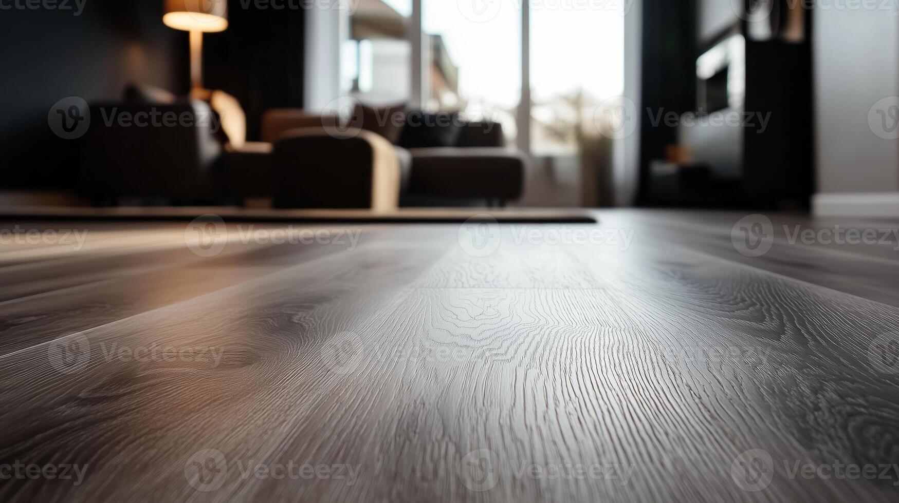 Modern living room interior showcasing sleek wooden flooring and comfortable seating during the daytime photo