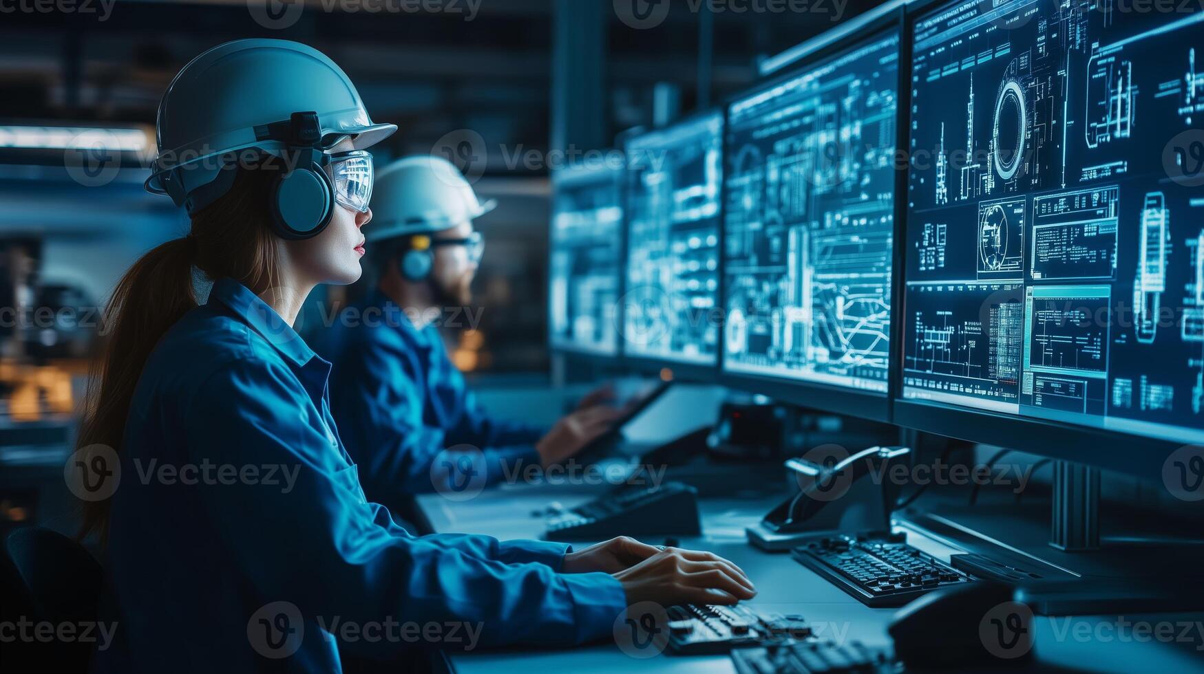 Engineers analyzing data on multiple monitors in a modern control room during a night shift photo