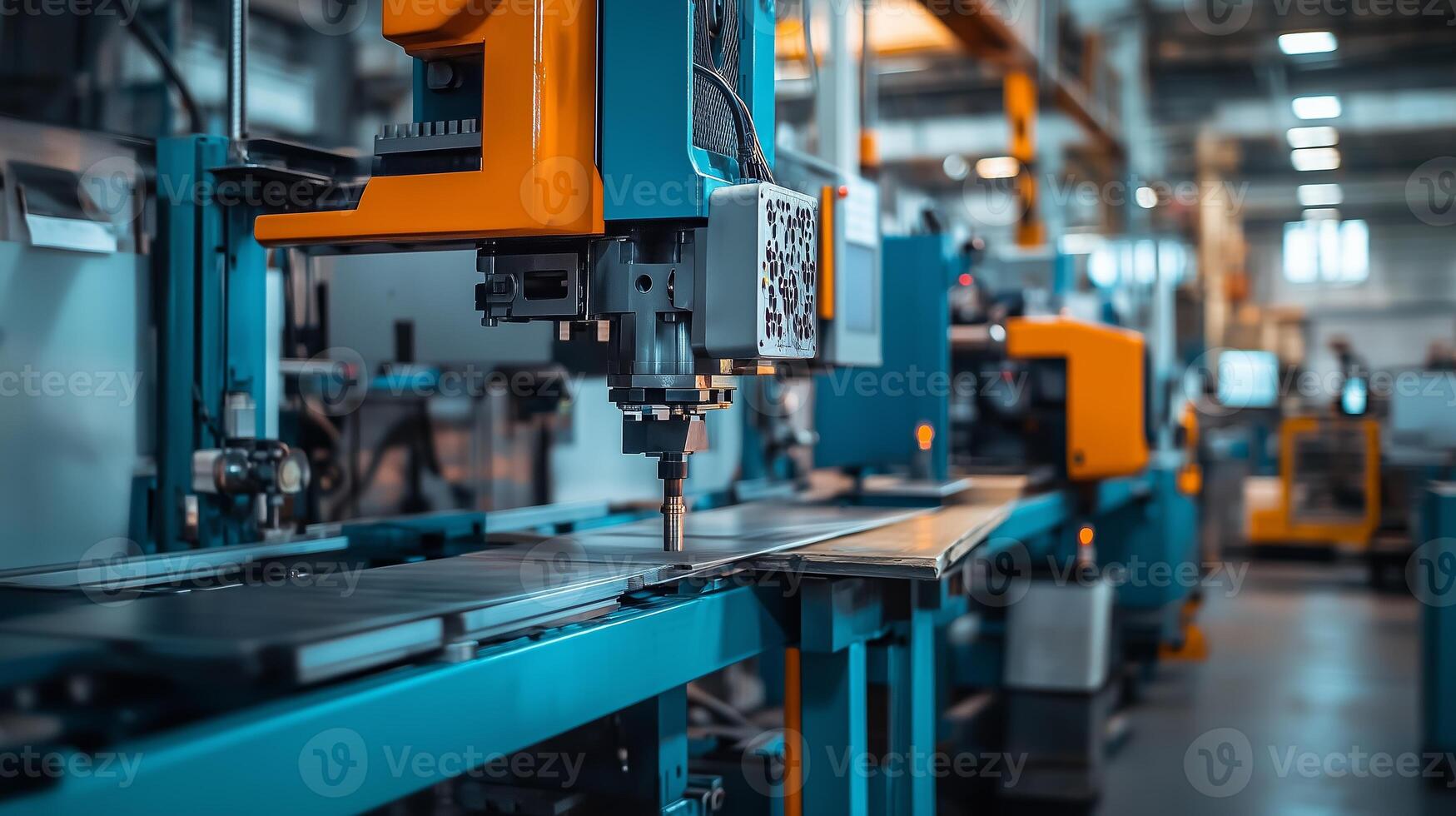 Modern industrial machinery operates in a bright manufacturing facility during the day, producing precision parts for various applications photo