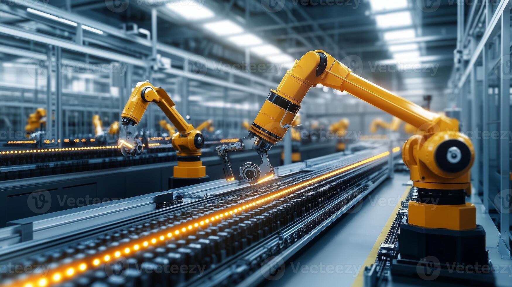 Industrial robots assembly line in a modern manufacturing plant working efficiently during broad daylight hours photo