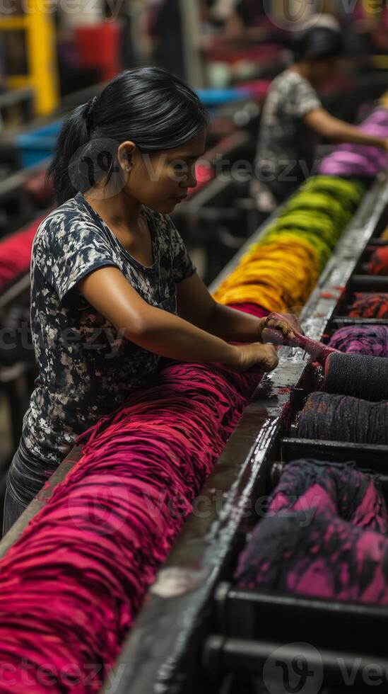 A woman sorts vibrant dyed fabrics in a textile workshop, showcasing a colorful array of textiles and intricate craftsmanship photo