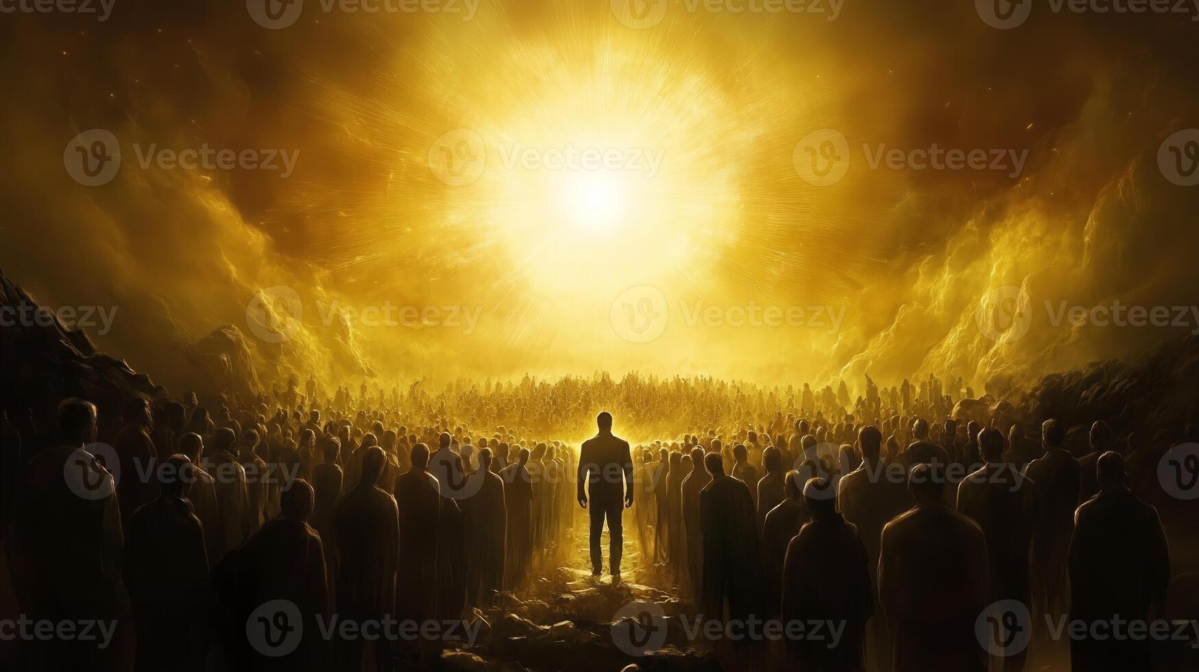 Crowds of figures await a radiant figure in a golden landscape under a brilliant light, symbolizing hope and unity photo