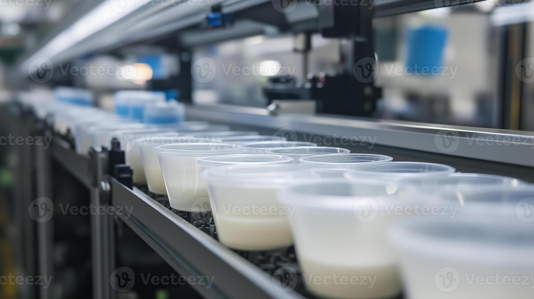 Containers filled with dairy products on a conveyor belt in a processing plant during daylight hours photo