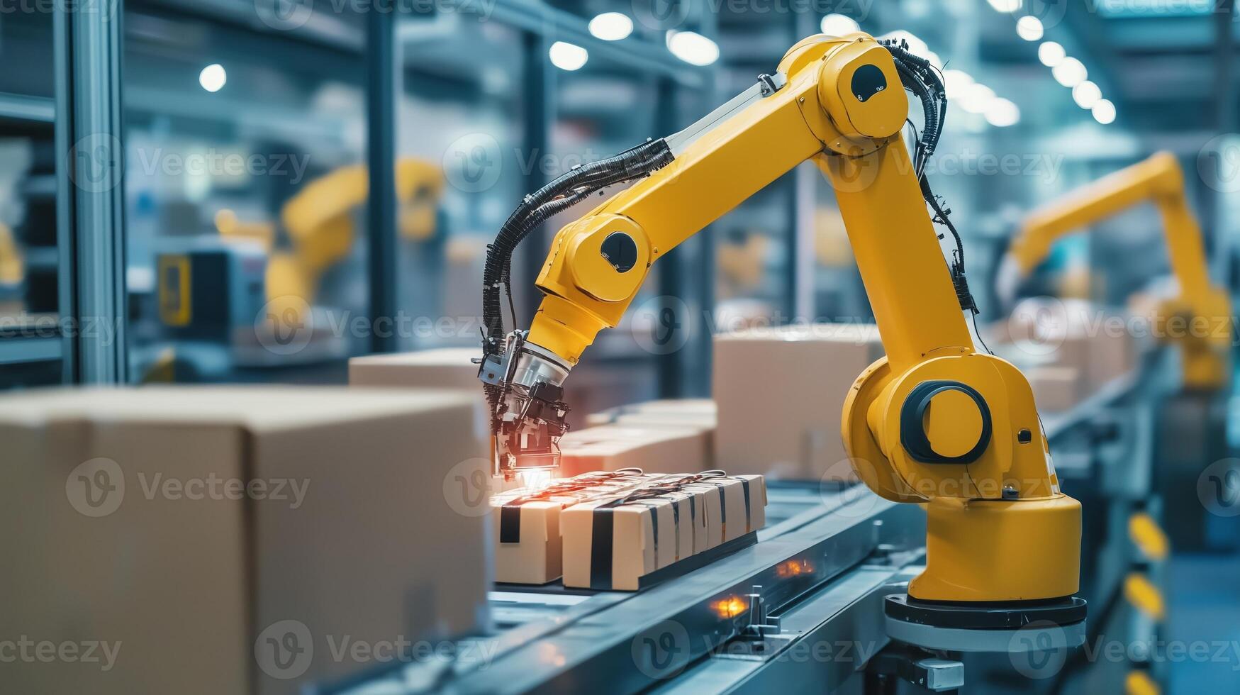 Automated robotic arm packages boxes on a production line in a modern manufacturing facility during daytime operations photo