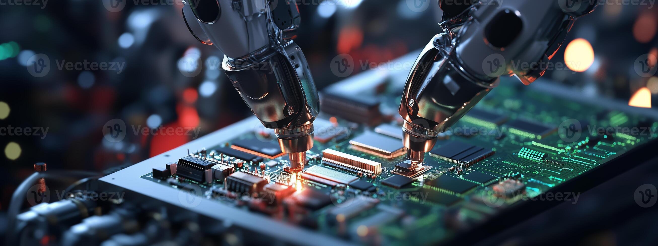 Robotic arms assembling electronic circuits in a technology lab during a focused research session photo
