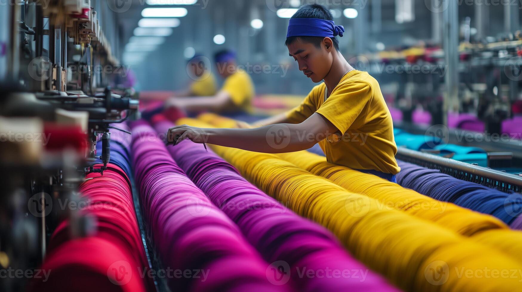 Workers arranging colorful yarn in a textile factory during the daytime in a vibrant production environment photo