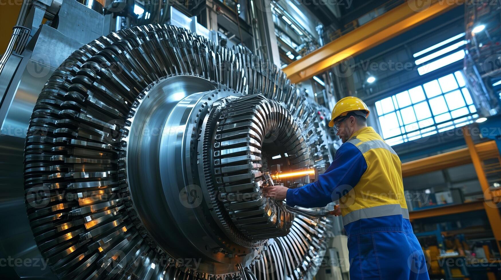 Technician working on a large industrial turbine in a manufacturing facility during daylight hours photo