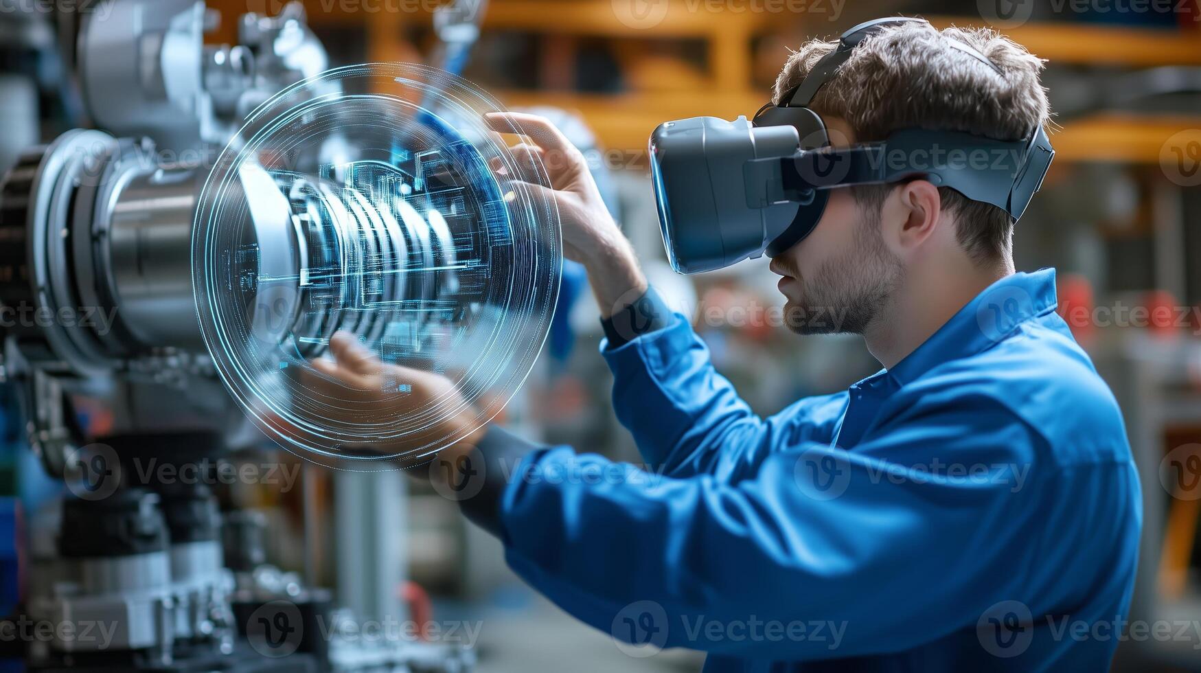 Young technician using virtual reality technology for machinery maintenance in a workshop environment during daytime photo