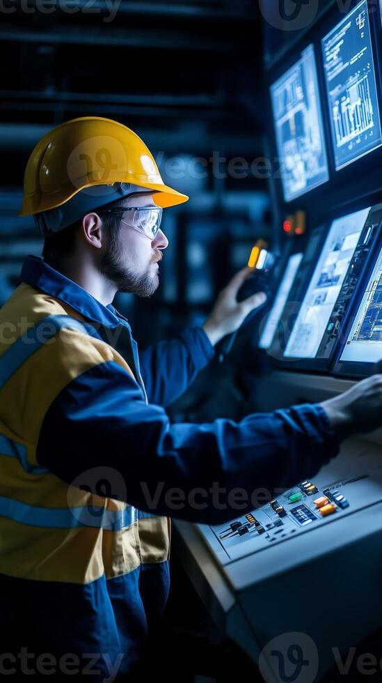 A worker in a hard hat operates complex machinery in a control room during evening hours photo