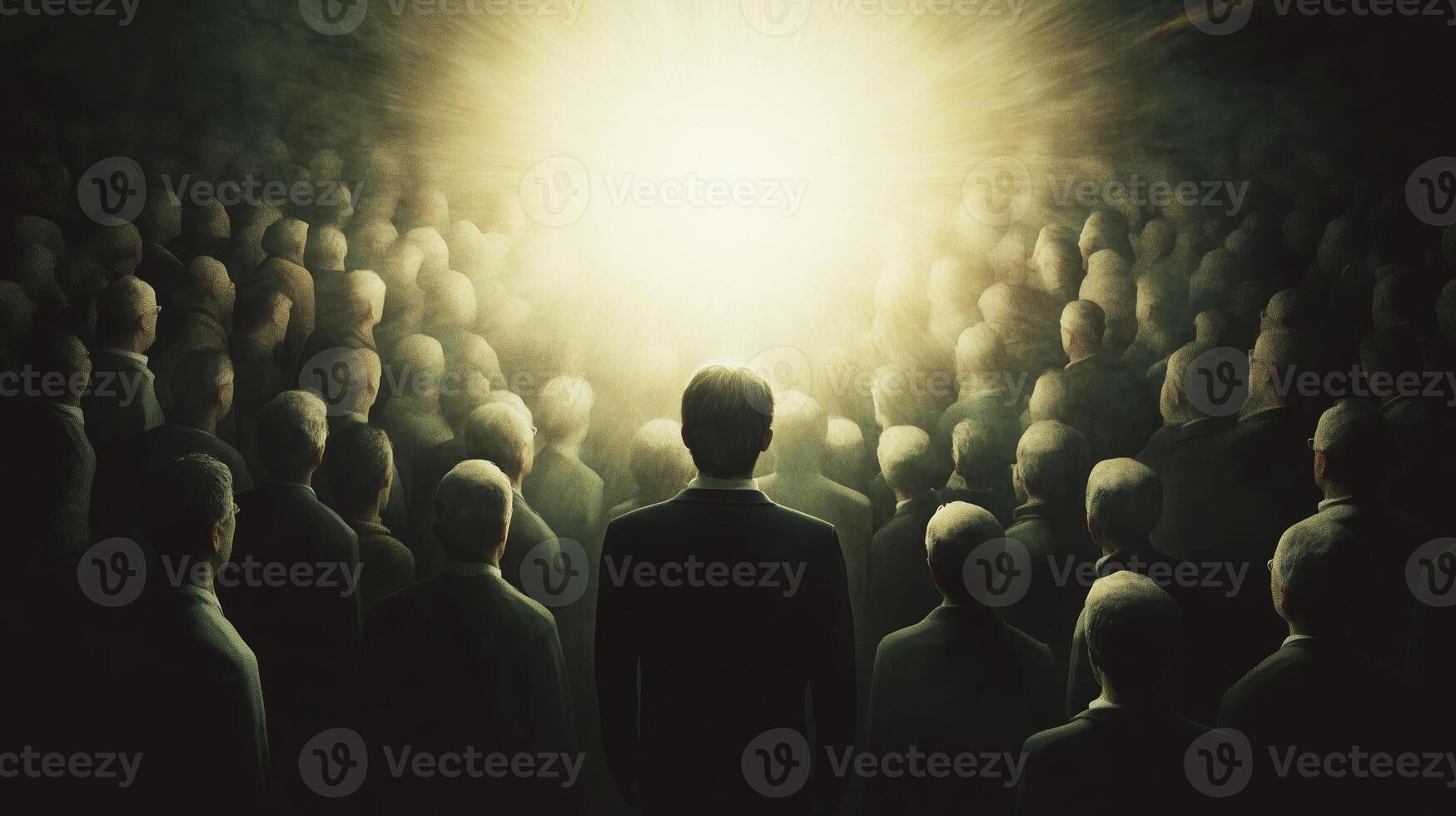 A single figure stands before a bright light while surrounded by a crowd of indistinct people in a dimly lit space photo