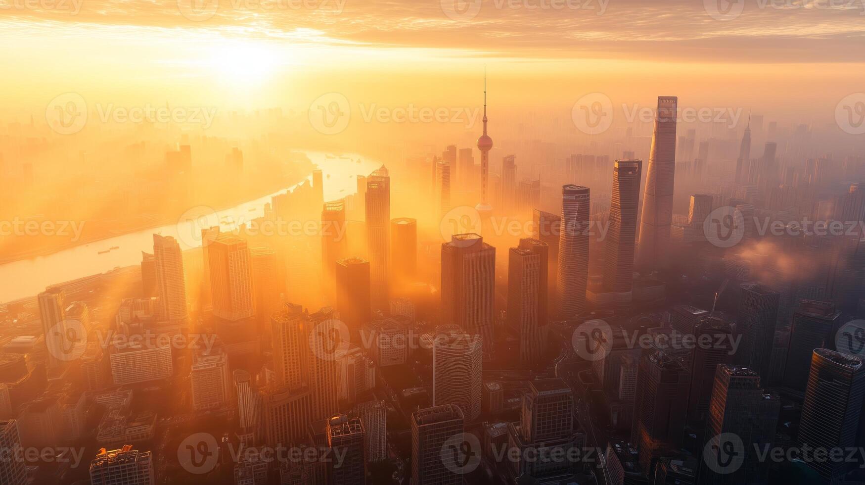 Stunning sunset view of a vibrant city skyline illuminated by golden light over the river in Shanghai photo